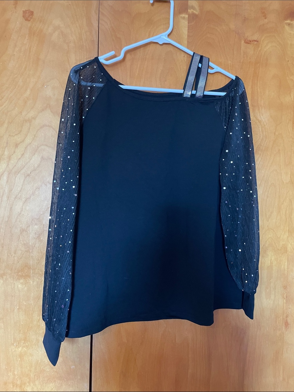 SHEIN Black Long-Sleeve Blouse with Sparkle Mesh Sleeves